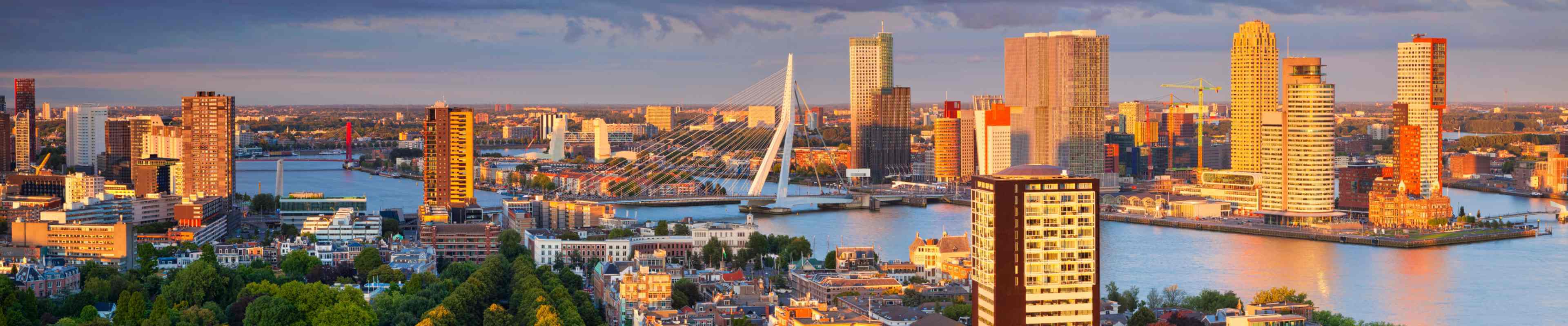 Rotterdam Panorama. Panoramic image of Rotterdam, Netherlands during summer sunset