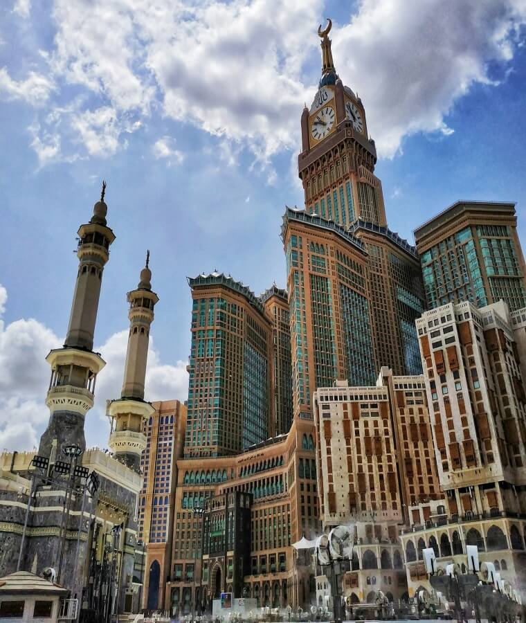 Brown high rise building with clock tower in Makkah, Saudi Arabia