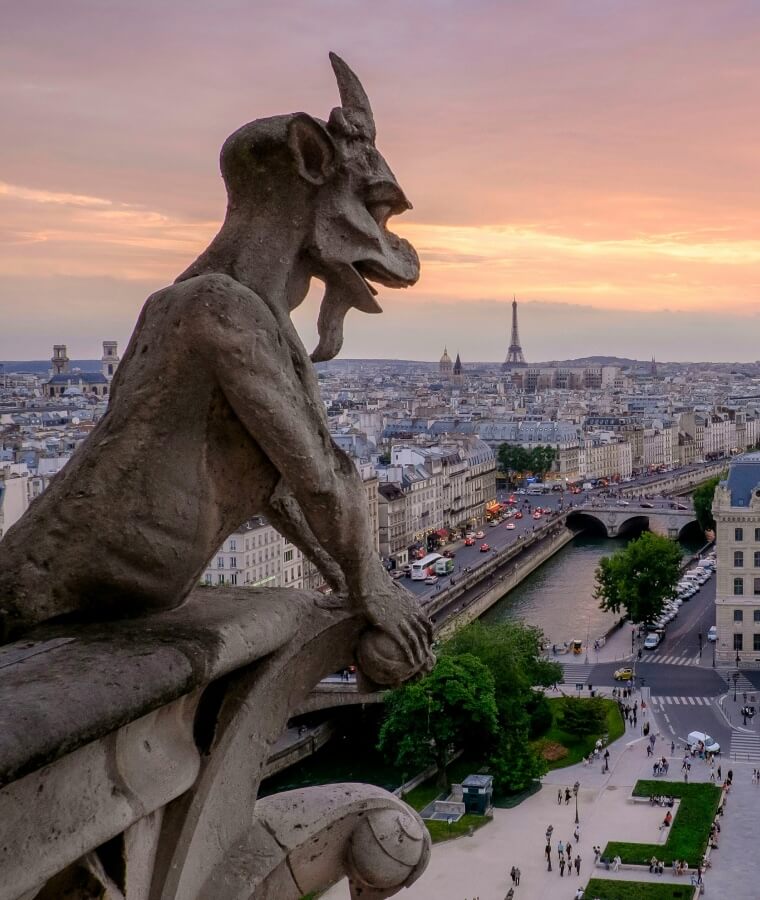 A gargoyle on the roof of Cathédrale Notre-Dame de Paris, Paris, France